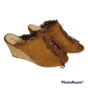 Miss Albright Brown Leather Fringe Wedge Mules Size 10